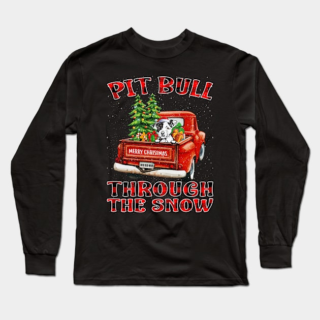 Christmas Pit Bull Through The Snow Dog Santa Truck Tree Long Sleeve T-Shirt by intelus